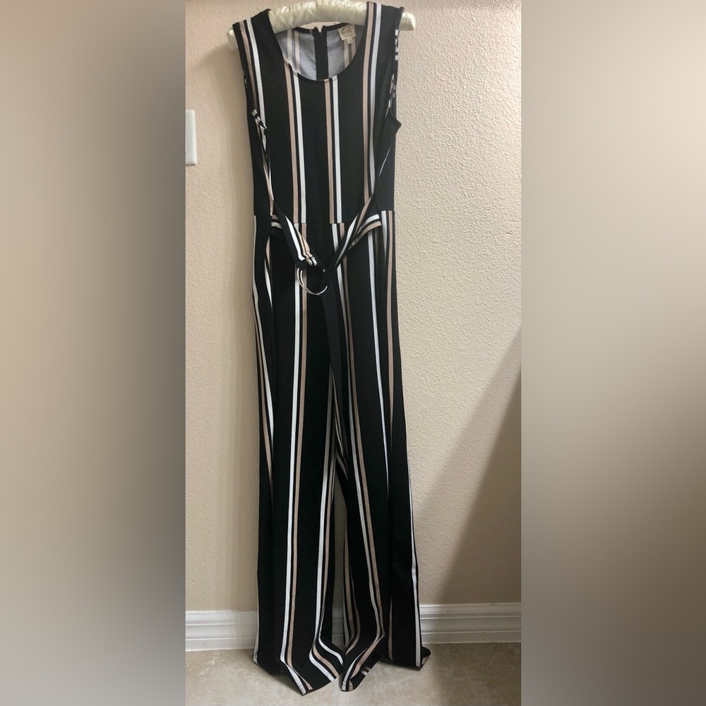 Sleeveless Black Vertical-Stripe Wide-Leg Jumpsuit with Tie Belt